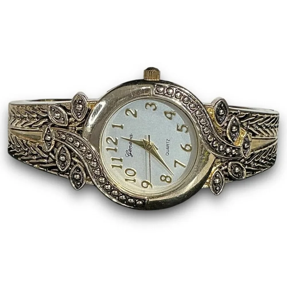 Y2K Vintage Gold Tone Round Face Bangle Cuff Bracelet Watch